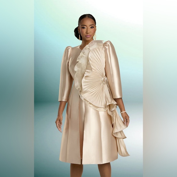 Passion of Essence Dresses & Skirts - Donna Vinci Gold Asymmetrical Pleated Dress with 3/4 Sleeves